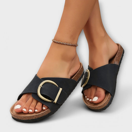 Margie – Sandalias tipo pantufla de corcho para mujer con diseño de hebilla