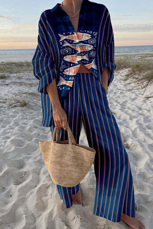 Zairine™ | Conjunto de lino con estampado de Koi azul