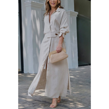 Barbara | Vestido maxi de algodón y lino con botones y cinturón en la cintura