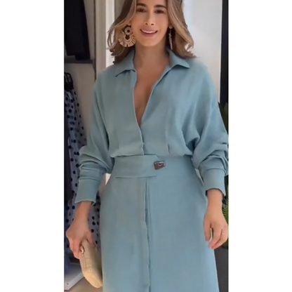 Barbara | Vestido maxi de algodón y lino con botones y cinturón en la cintura