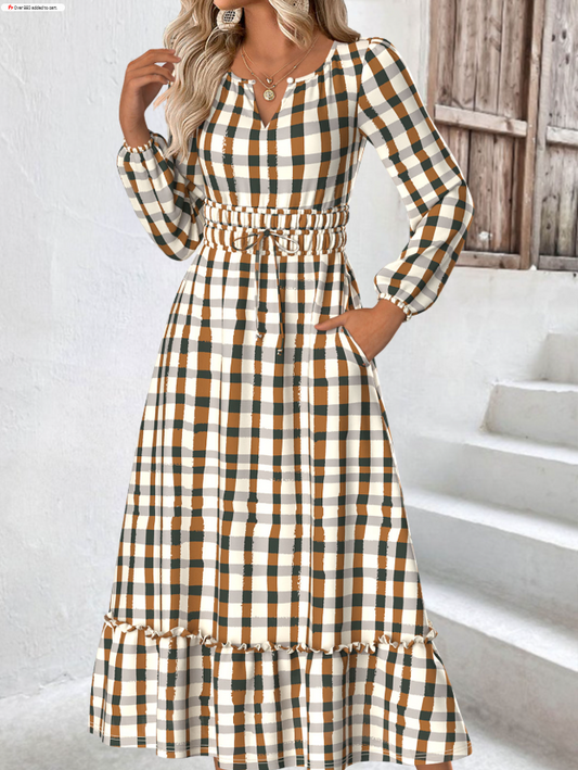 Vestido de cuadros beige con mangas largas y escote en V