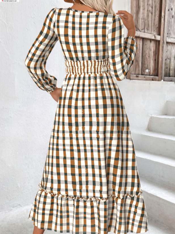 Vestido de cuadros beige con mangas largas y escote en V