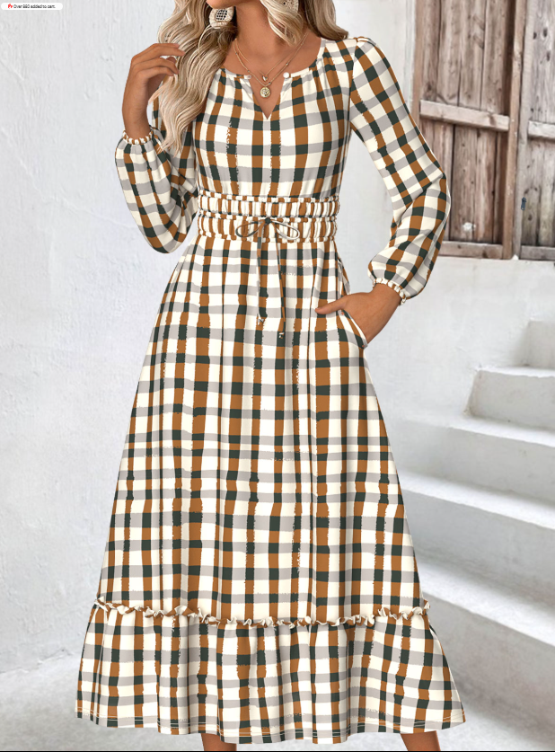 Vestido de cuadros beige con mangas largas y escote en V