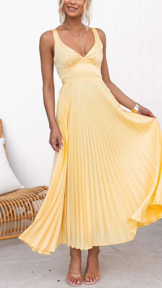 Aby | Vestido Maxí Amarillo con Escote en V Plisado