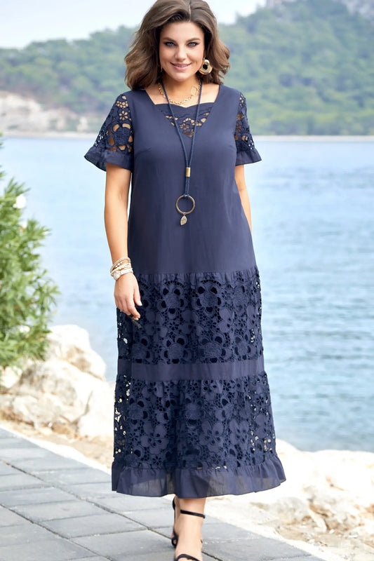 Kalina | Vestido largo de encaje azul marino