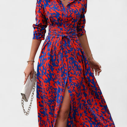 Vestido Camila – Estilo Animal Print Azul e Vermelho
