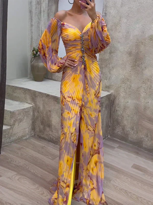 Helena | Vestido Maxi Plisado en Tonos de Puesta de Sol