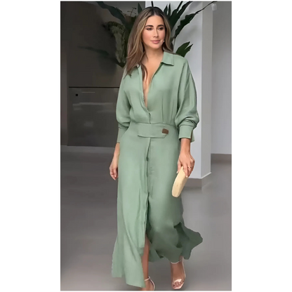 Barbara | Vestido maxi de algodón y lino con botones y cinturón en la cintura