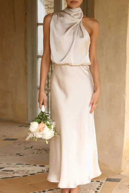 Benthe - Vestido Largo de Satén con Cuello Halter