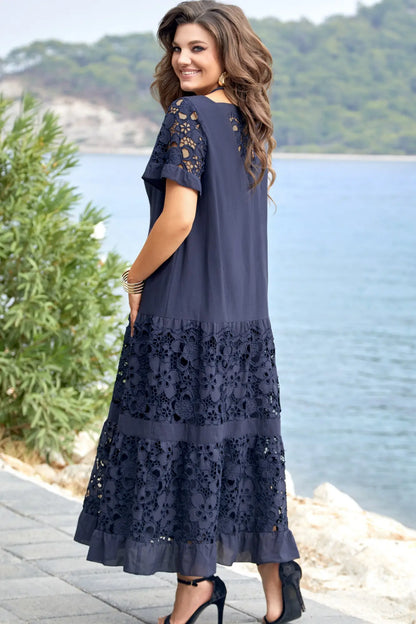 Kalina | Vestido largo de encaje azul marino