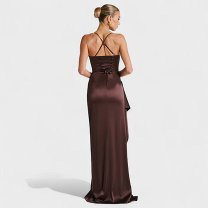 Helen - Vestido Largo Satén Cacao