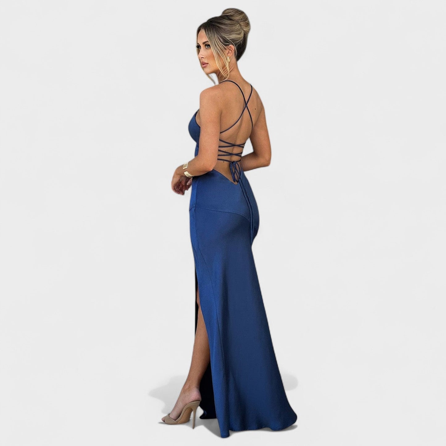 Elena – Vestido Satén Cruzado Azul Medianoche