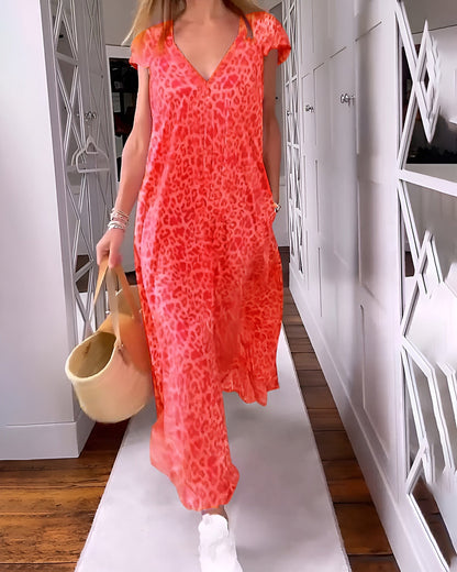 Véronique | Vestido largo de cuello en V con estampado y mangas cortas