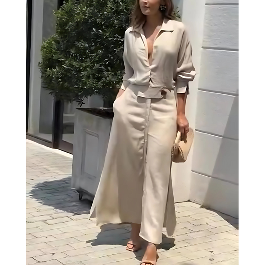 Barbara | Vestido maxi de algodón y lino con botones y cinturón en la cintura