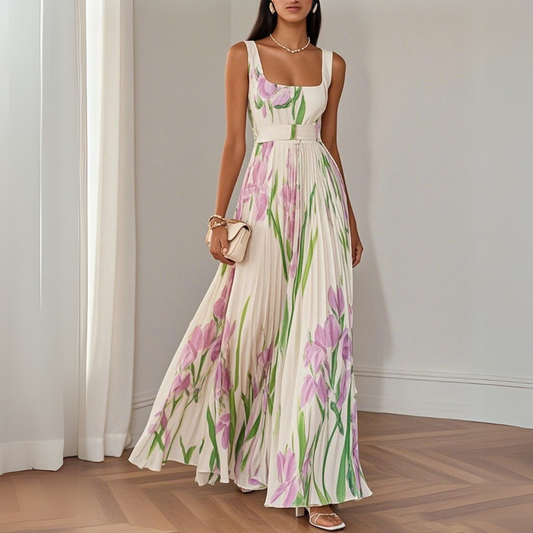 Nina |  Estiloso Vestido Largo Plisado Floral para Mujer