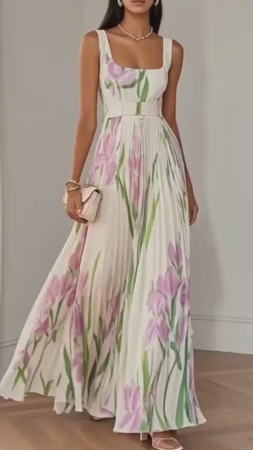 Nina |  Estiloso Vestido Largo Plisado Floral para Mujer