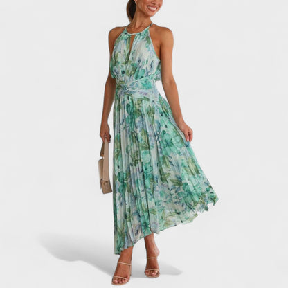 Angel | Vestido maxi plisado con flores y escote halter