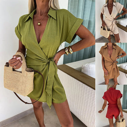 Melania | Mono de lino de algodón con escote en V femenino