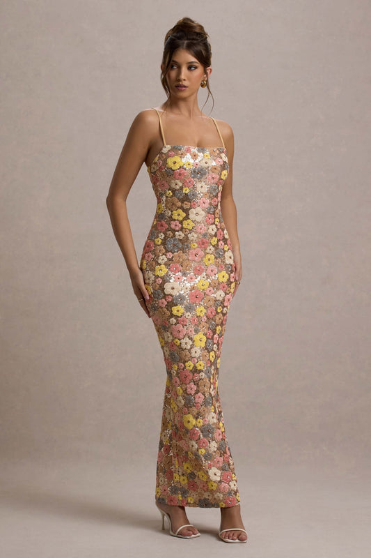 SELVIANA Vestido Maxí con Flores y Lentejuelas